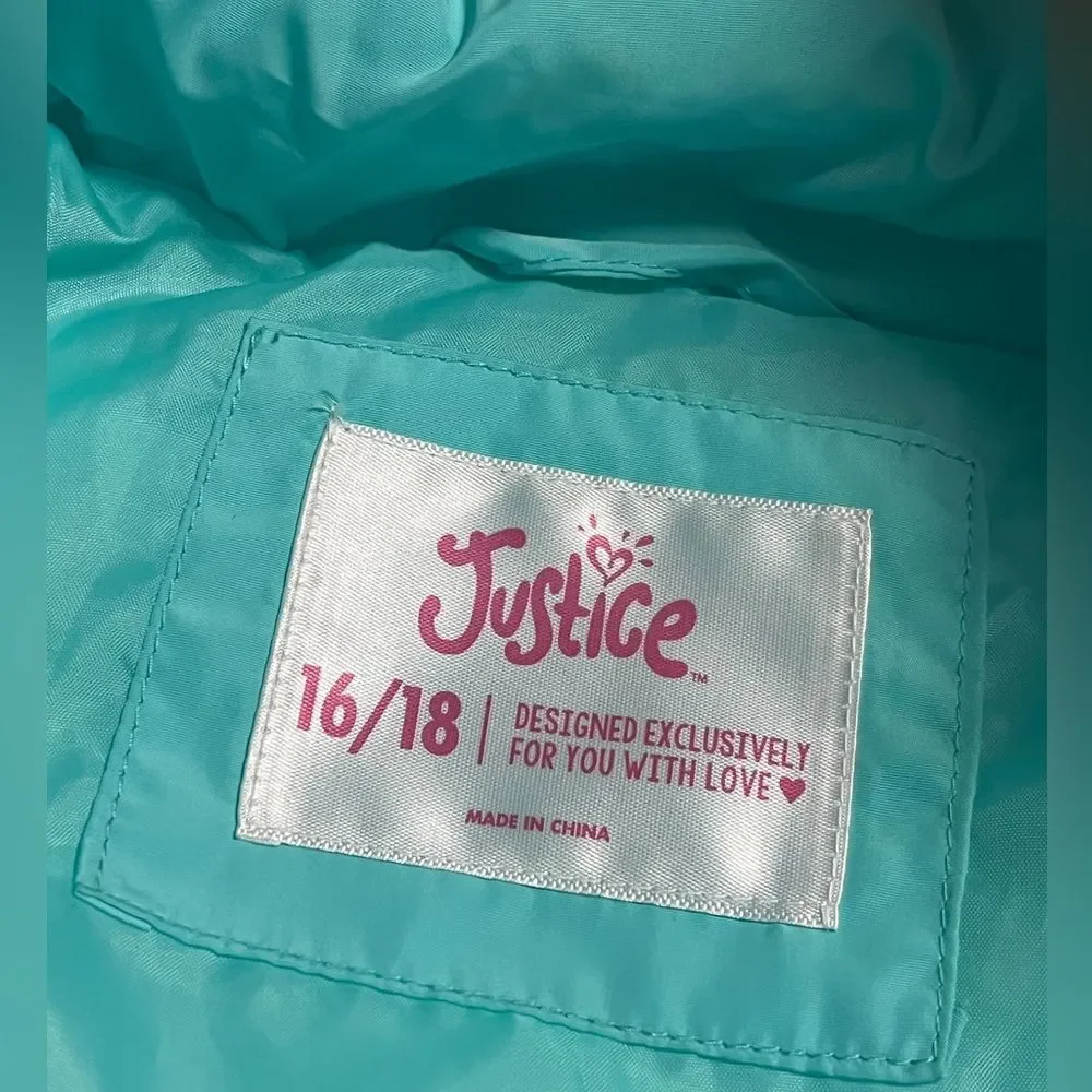 Justice Girls Mint Green Puffer Winter Jacket Coat 16/18